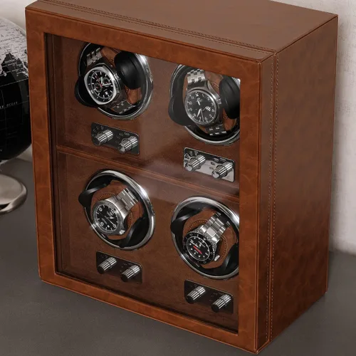 Vista 6 de ROTHWELL Bobinadora de 4 relojes para relojes automáticos con motor silencioso con múltiples velocidades y ajustes de rotación (bronceado/marrón)