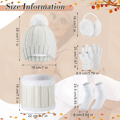 Vista 2 de SATINIOR Juego de 5 piezas de gorro de invierno y bufanda, guantes de forro polar cálido, gorro de punto, gorro de punto para pantalla táctil
