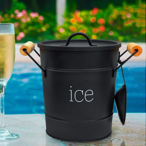 Vista 2 de AuldHome Design Cubo de hielo esmaltado de granja (negro); servidor de hielo de metal aislado estilo retro