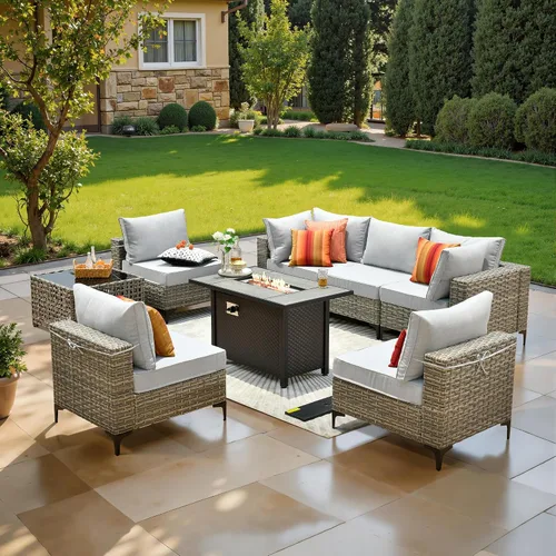 Vista 35 de ovios Muebles de patio de 8 piezas con hoguera, juego de conversación de mimbre de ratán para exteriores con mesa de centro brillante, cómodo sofá