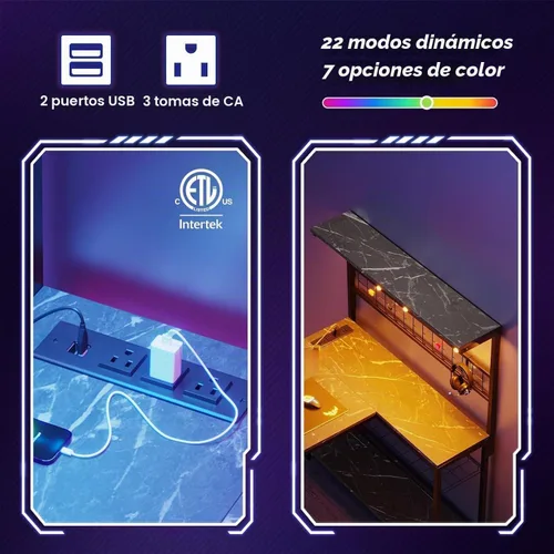 Vista 4 de Bestier - Escritorio esquinero para computadora con 42 tomas de corriente, luces LED, mármol negro