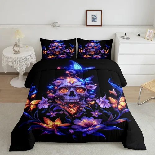 Vista 2 de Erosebridal Juego de ropa de cama de calavera gótica, flores mandala, mariposa hippie para niñas y niños, edredón de esqueleto de la muerte de Negro