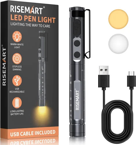 Vista 10 de RISEMART Luz de bolígrafo para enfermera, luz LED médica recargable, blanco cálido/frío y atenuación continua, luz médica portátil para enfermera