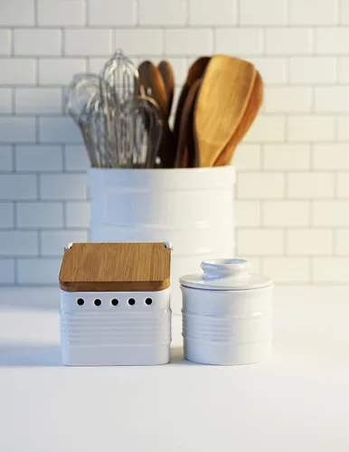 Vista 3 de RSVP International Colección de cocina de gres blanco, guardián de ajo de gres, 4.5x4x4.5