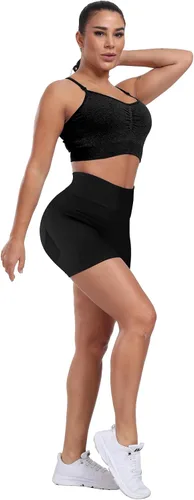 Vista 4 de CHRLEISURE Pantalones Cortos de Entrenamiento para Mujer, 4 Paquetes, Cintura Alta, Levantamiento de Glúteos con Fruncido, Pantalones Cortos Booty
