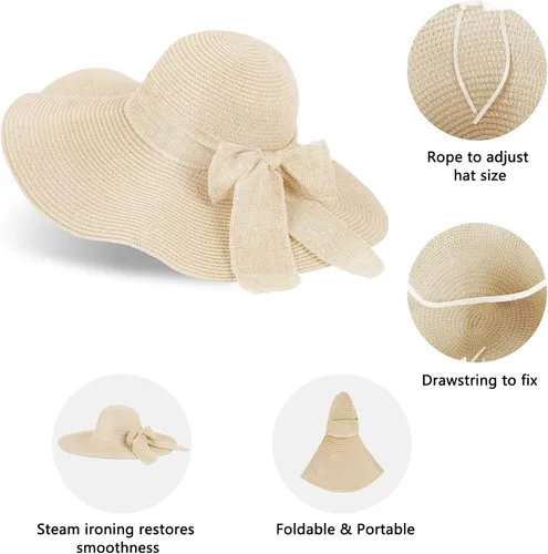 Vista 3 de Sombreros de playa para mujer, sombrero de paja flexible, protección UV, sombreros de vacaciones plegables de ala ancha, sombreros de viaje plegables