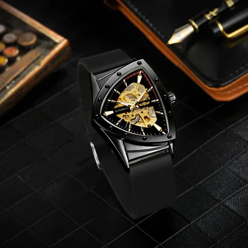 Vista 5 de FORSINING Reloj de pulsera mecánico triangular impermeable para hombre con correa de silicona