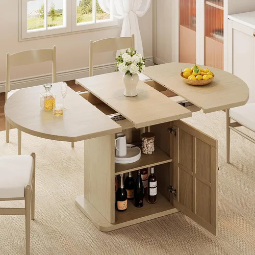 Vista 9 de iPormis Mesa de Comedor Redonda Extensible para 4-6, Mesa de Cocina Moderna de 59'', con Estante de Almacenamiento de 2 Niveles, Puerta de Madera
