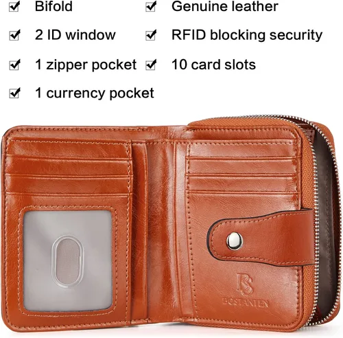 Vista 3 de BOSTANTEN - Billeteras de piel para mujer, con bloqueo RFID, con cremallera y bolsillo, billetera pequeña de dos cuerpos, con tarjetero