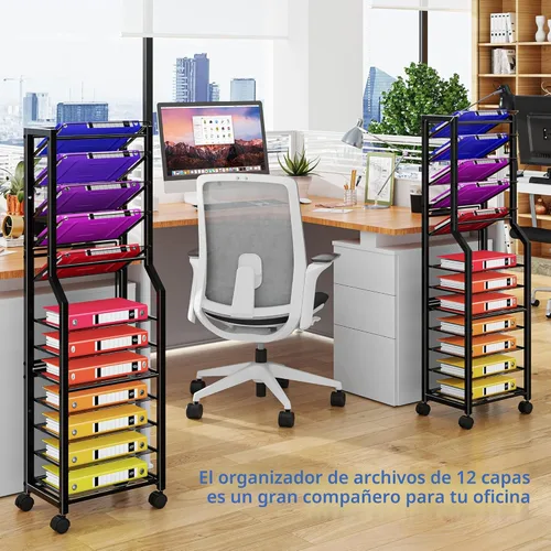Vista 6 de Simple Trending - Carrito de archivo de 12 niveles con ruedas, organizador de escritorio con bandejas deslizantes y malla metálica