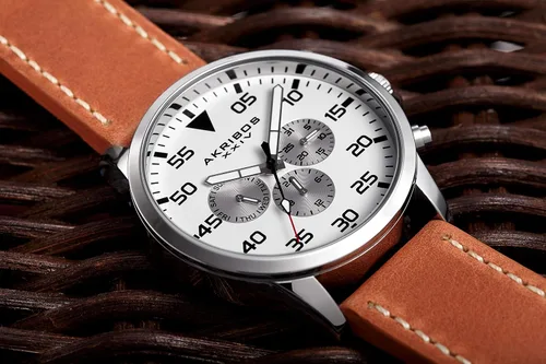 Vista 7 de Akribos XXIV Reloj suizo multifunción para hombre, 3 subesferas día, zona horaria doble, fecha y hora complicación en correa de cuero genuino AK773