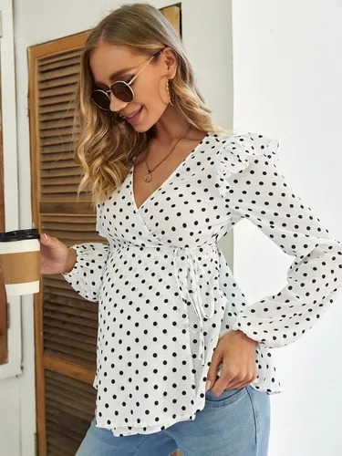 Vista 5 de OYOANGLE Blusa de maternidad para mujer con volantes manga larga cuello en V con cinturón para embarazo