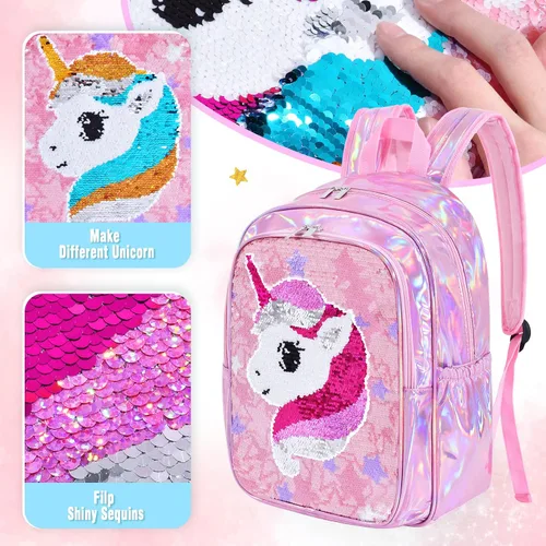 Vista 2 de Mochila de unicornio Mochila escolar holográfica de lentejuelas de unicornio para niños y niñas bolsas de libros preescolar jardín de infantes