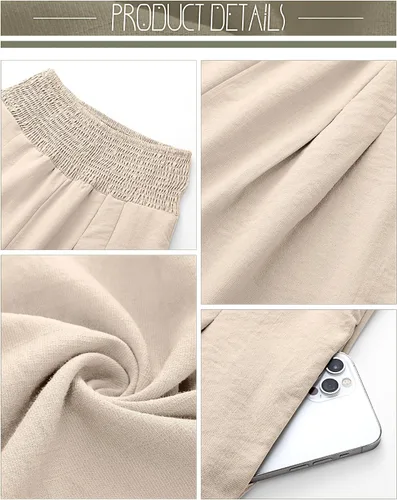 Vista 5 de Neer 2 piezas de pantalones palazzo de lino para mujer, cintura alta fruncida, pierna ancha, pantalones casuales de playa, pantalones con bolsillo