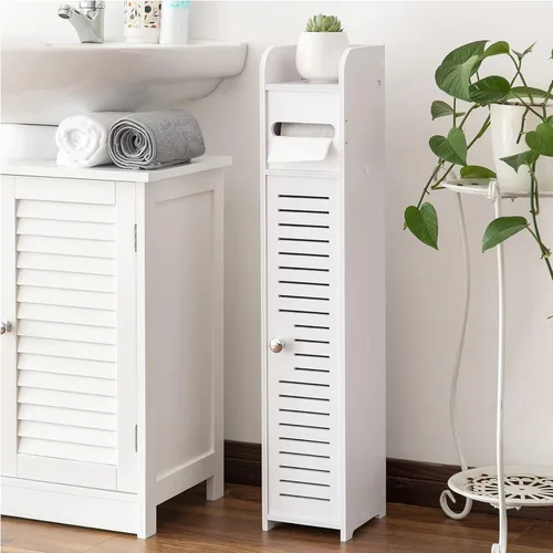 Vista 5 de AOJEZOR Gabinete pequeño de almacenamiento para baño: Gabinete para papel higiénico de baño adecuado para rollo pequeño, negro