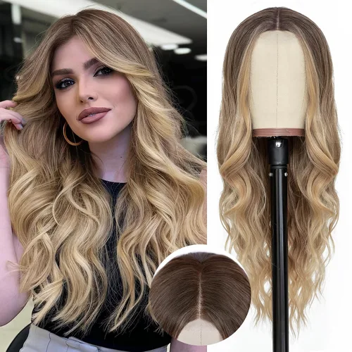 Vista 35 de NAYOO Peluca larga ondulada rubia ombré para mujer, de 26 pulgadas, parte media, rizada, ondulada, de aspecto natural, fibra sintética resistente al