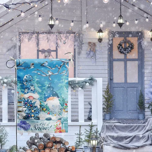 Vista 7 de Bandera de jardín de copos de nieve de gnomo azul de doble cara, Let it Snow Invierno decorativo para casa, patio, bandera pequeña al aire libre