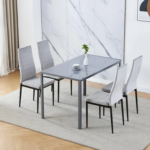 Vista 8 de Juego de 4 mesas de comedor y sillas negras modernas de 5 piezas para cocina pequeña, mesa rectangular de vidrio templado y 4 sillas de terciopelo