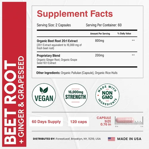 Vista 4 de ForestLeaf USDA - Cápsulas orgánicas de raíz de remolacha – Suplemento de remolacha 1000 mg de extracto 20:1 con semilla de uva de jengibre – Apoya