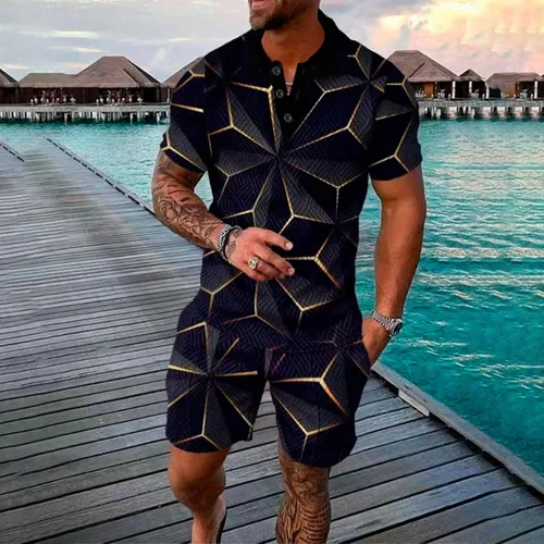Vista 2 de Conjunto corto de 2 piezas para hombre, conjunto de verano casual, manga corta, polo y pantalones cortos, conjunto deportivo con bolsillos