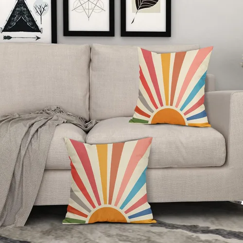 Vista 7 de Kawani Fundas de almohada de estilo bohemio con sol y atardecer 16x16, juego de 2 fundas de almohada decorativas de lino con arcoíris colorido