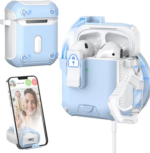 Vista 10 de Funda para Estuche de AirPods de 2ª/1ª Generación, Compatible con Magsafe, Bloqueo Automático Magnético, Puerto de Carga a Prueba de Polvo y Diseño