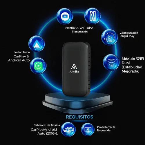 Vista 5 de AUTOSKY LITE Box Dual Plus 2026 - Adaptador inalámbrico CarPlay y Android Auto - Módulo WiFi dual - Soporte de Netflix y YouTube - Conexión estable
