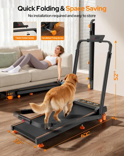 Vista 5 de Walking Pad Treadmill with 15% Incline & Dual LED Display, 4 in 1 Walking Pad with Handle Bar, 3.5HP Foldable Under Desk Treadmill, Portable