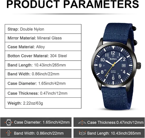 Vista 7 de Relojes militares para hombre, reloj militar militar de cuarzo analógico impermeable para hombre, pantalla de fecha, nailon táctico, deportes
