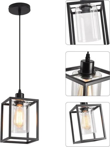 Vista 5 de Luces colgantes negras para isla de cocina, lámpara colgante de farol industrial con pantalla de vidrio transparente, iluminación colgante de altura