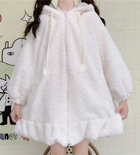 Vista 2 de BZB Sudaderas con capucha de conejo de anime Kawaii para mujer, suéter de conejo mullido y mullido para cosplay, abrigos
