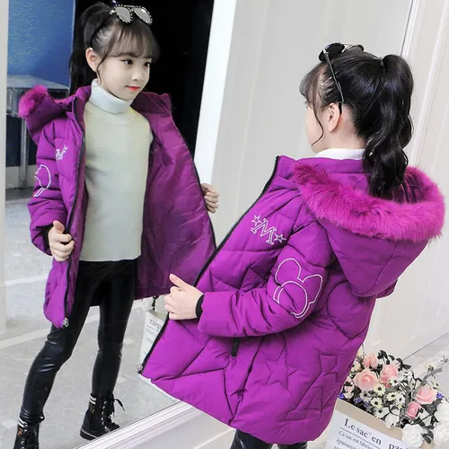 Vista 4 de Chaqueta cálida de invierno para niñas, rompevientos con capucha de piel suave, patrón de dibujos animados