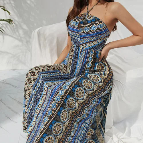 Vista 2 de Women's Summer Dresses Fashion New Bohemian Style Printed Neckless Sleeveless Dress Long Sleeve Bodycon Dress