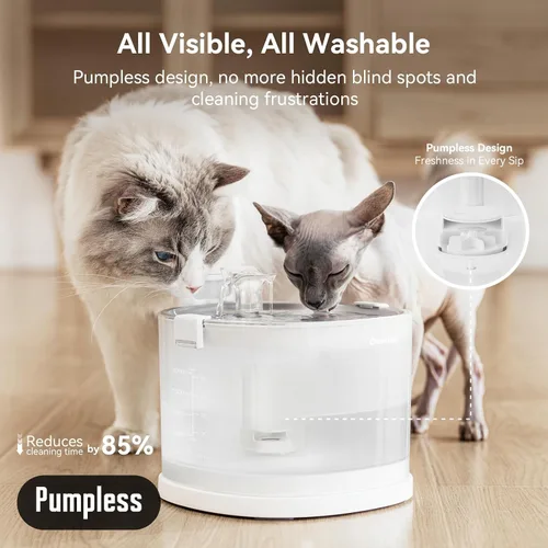 Vista 2 de Cheerble Fuente para mascotas Elfin E1+ sin bombeo con 9 filtros adicionales, fuente inalámbrica para mascotas operada con pilas, dispensador