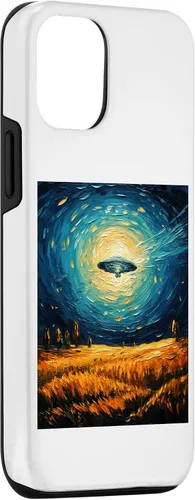 Vista 3 de iPhone 14 Funny paint Alien UFO Lover Starry Night Alien UFO Van Gogh Case