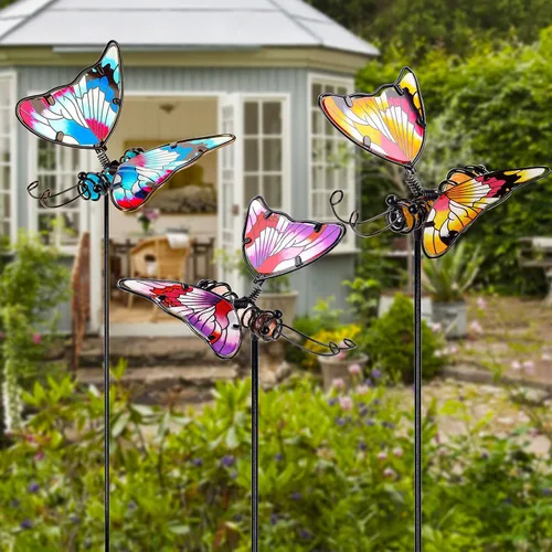 Vista 6 de Juegoal Juego de 3 estacas de jardín de mariposas, estacas de mariposas coloridas de 20 pulgadas, adornos artísticos de vidrio y metal para patio