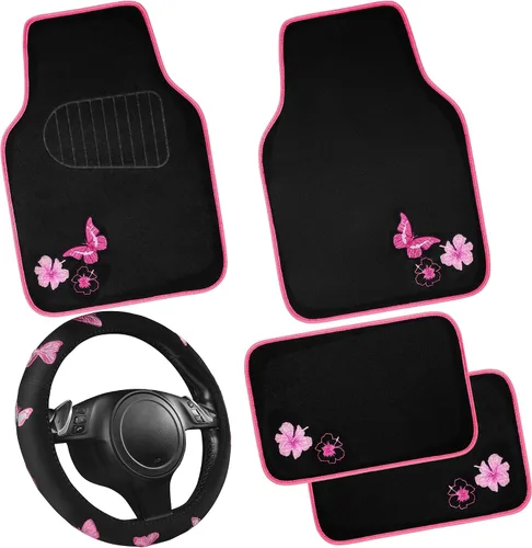 Vista 14 de CAR PASS Juego de fundas universales para asiento delantero de automóvil, diseño de flores bordadas, impermeables, fundas para volante, mariposa