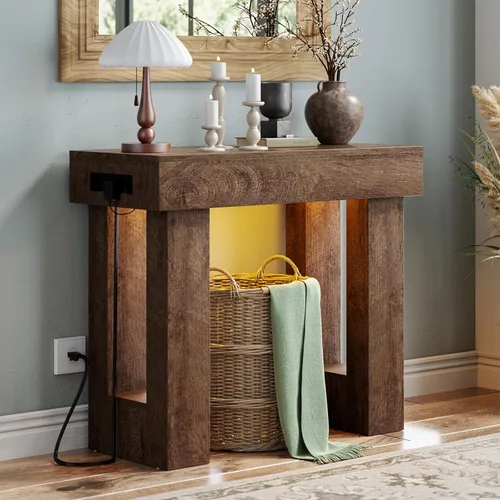 Vista 13 de Unikito Mesa de entrada de 32 pulgadas con enchufe y sensor de luz, mesa consola estrecha con almacenamiento detrás del sofá, mesa de entrada