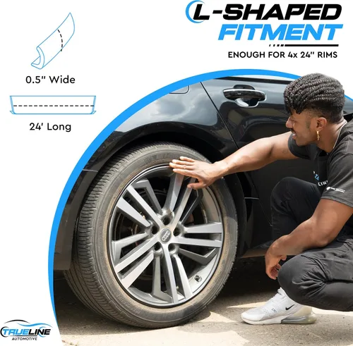 Vista 4 de True Line Automotive Protector de llanta para ruedas de coche (negro brillante), protector de rueda en forma de L, cinta adhesiva 3M