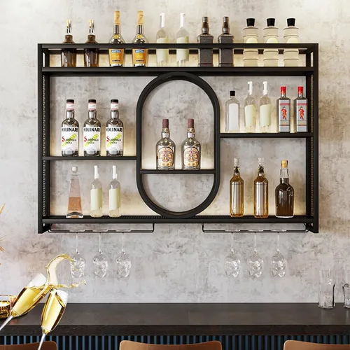 Vista 2 de Estantes para vinos, estantes de bar montados en la pared con estante colgante para copas de vino, estante de exhibición de botellas de licor