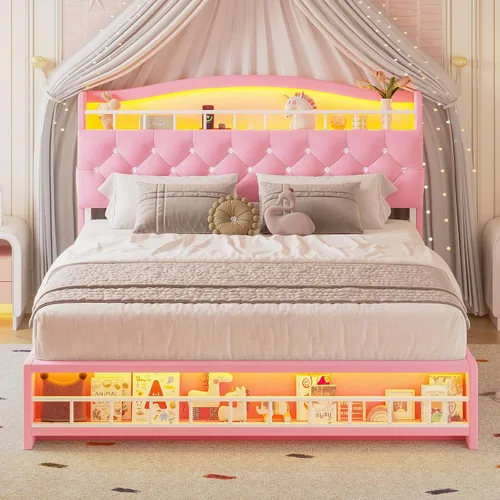 Vista 13 de HAUOMS Cama de princesa individual con luces LED y 4 cajones para niñas