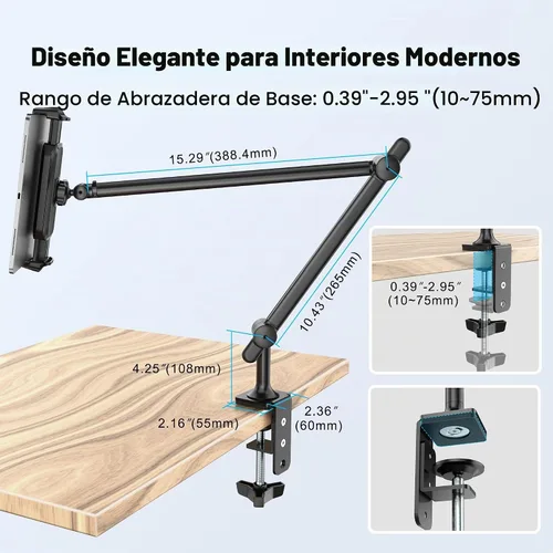 Vista 6 de AboveTEK Soporte para tablet para escritorio y cama, brazo de aluminio para iPad con abrazadera giratoria de 360°, soporte ajustable para teléfono
