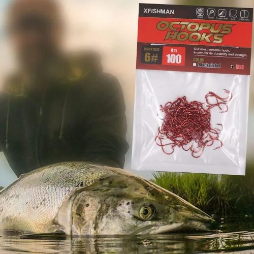 Vista 36 de Pulpo-Anzuelo-Pesca-Pico-Círculo-Ganchos-Agua-Dulce-Rojo-Negro-Paquete de 100-50