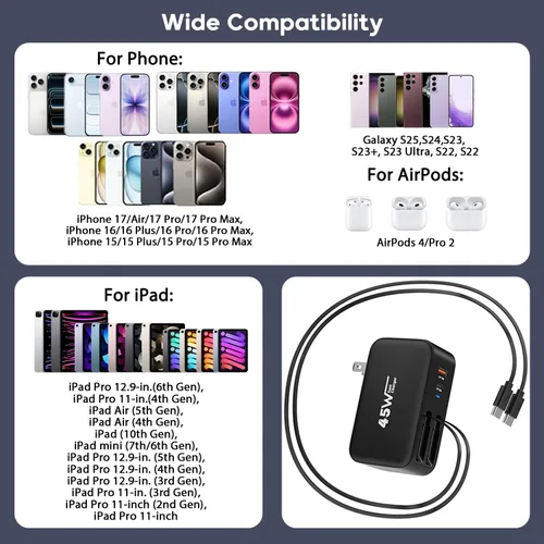 Vista 7 de Cargador de pared retráctil 4 en 1, enchufe de cable USB C doble, cargador USB C de 45 W, cargador retráctil rápido para iPhone, bloque plegable