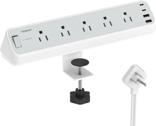 Vista 11 de Regleta de Energía con Abrazadera para Escritorio Negra, TESSAN Cable de Extensión de Enchufe Plano de 6 Pies con Múltiples Tomacorrientes, 5