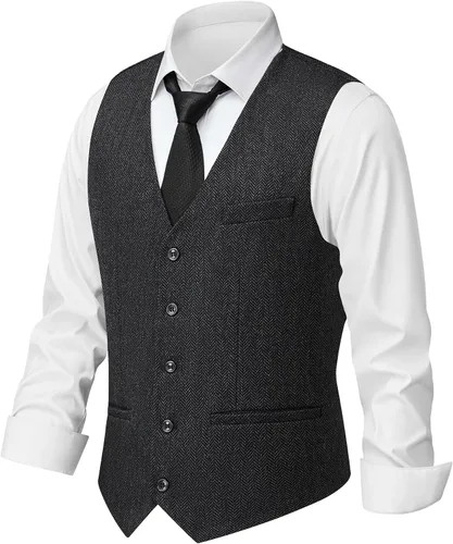 Vista 8 de MAGE MALE Chaleco de traje de tweed en espiga para hombre, chaleco vintage Marrón