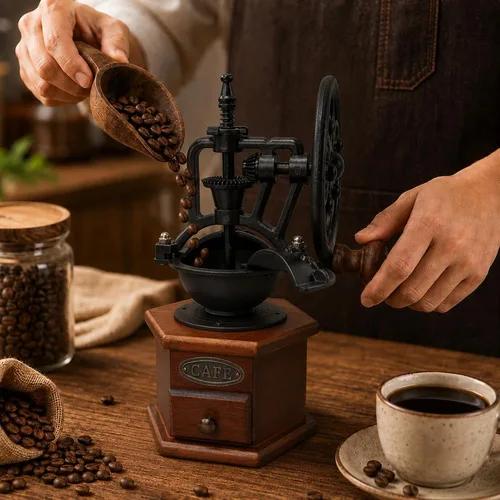 Vista 2 de Molino manual de granos de café, molino de café, manual con manivela de rueda de hierro y cuerpo de madera, molinillo de café de cerámica para uso