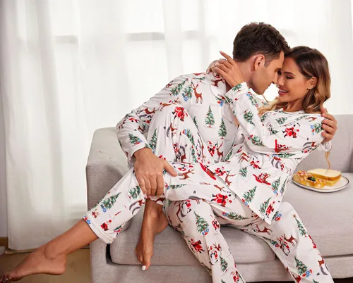 Vista 3 de Ekouaer - Conjunto de pijama de manga larga y botones, motivos navideños a juego para la familia, tallas de la S a la XXL