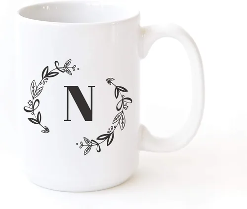 Vista 38 de The Cotton & Canvas Co. Botánico personalizado monograma inicial letra A taza de café porcelana cerámica taza de café para ella, para él
