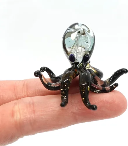 Vista 23 de Pulpo diminutas micro figuras sopladas a mano de vidrio de color arte animales coleccionables regalo decoración del hogar (negro)